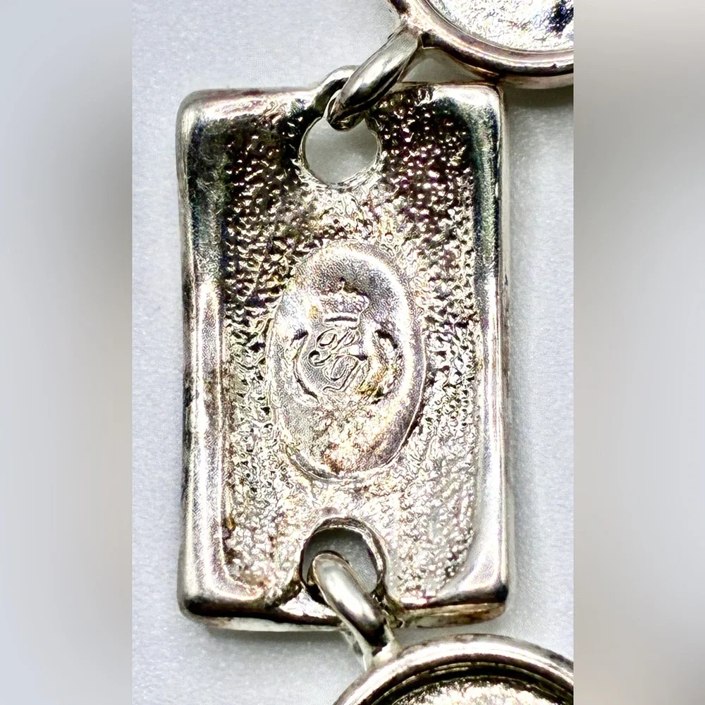 Vintage Premier Design Bracelet Fleur D' Lis Disc Silver Plate Toggle 8” Inches